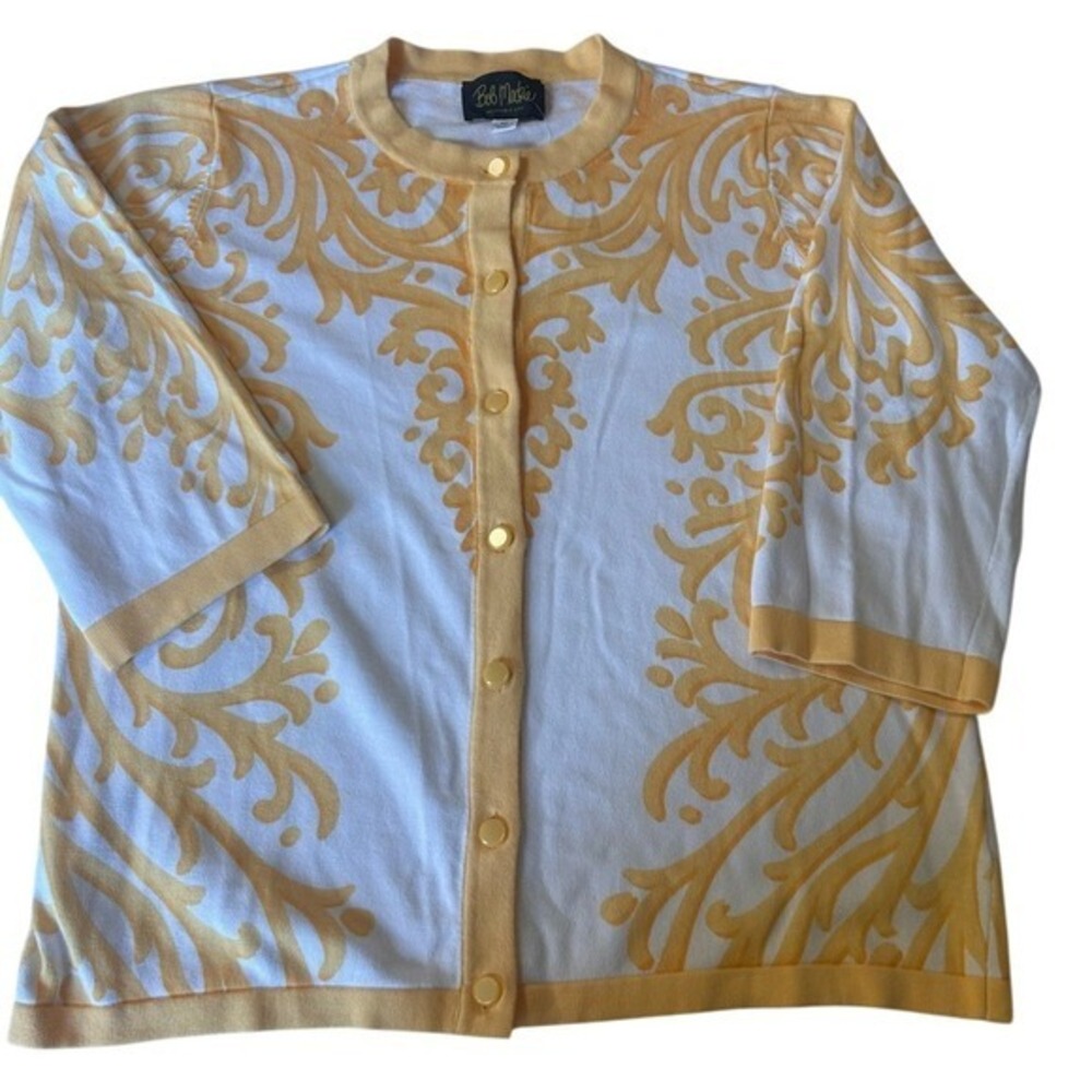 Bob Mackie Wearable Art Cardigan Sweater Yellow White Damask Scroll Knit XS NWT - Picture 4 of 6